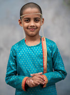 Peacock green brocade silk side placket round neck short kurta with temple border highlights on placket and cuffs for Batu.Kurta is 
ideal for rituals like Matrubhojan,Muhurt during Munj/Upanayan/Vratabandha/Thread Ceremony.