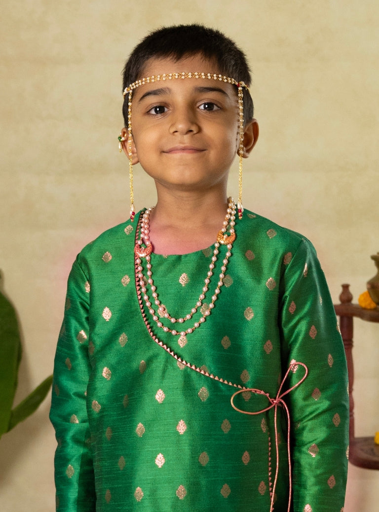 Green Raw Silk Angarakha Kurta With Gota Patti