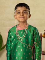 Green Raw Silk Angarakha Kurta With Gota Patti