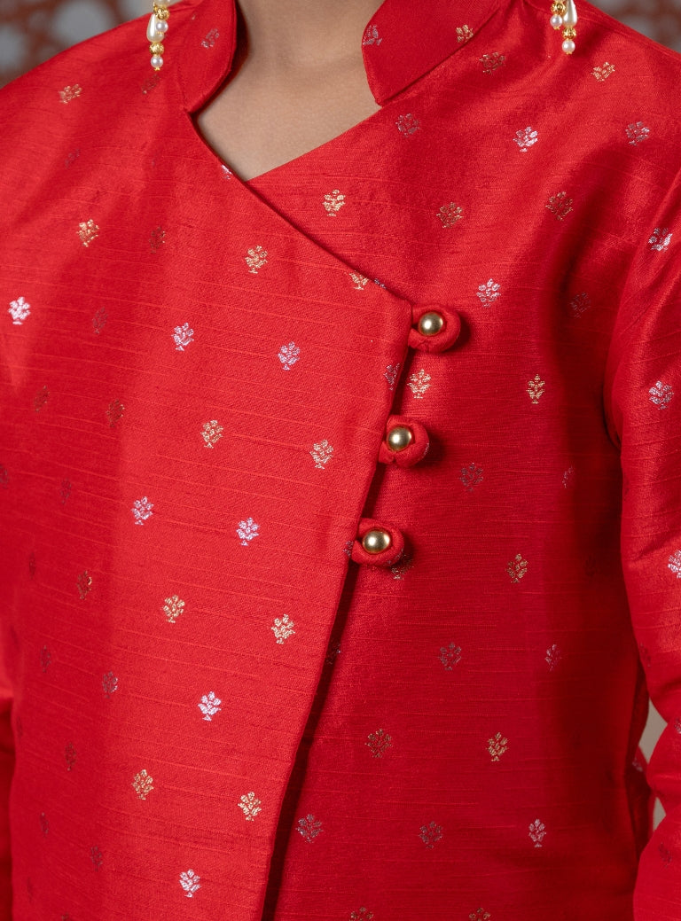 Bright Red Raw Silk Short Kurta With Overlap Pattern