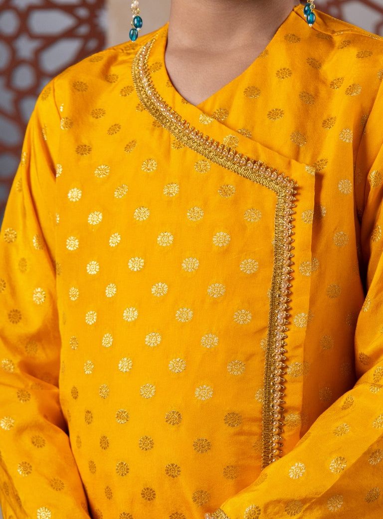 Yellow Satin Silk Jari Butta Kurta With Pearl Lace For Batu