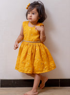 Royal Yellow Vichitra silk sleeveless dress for Girls