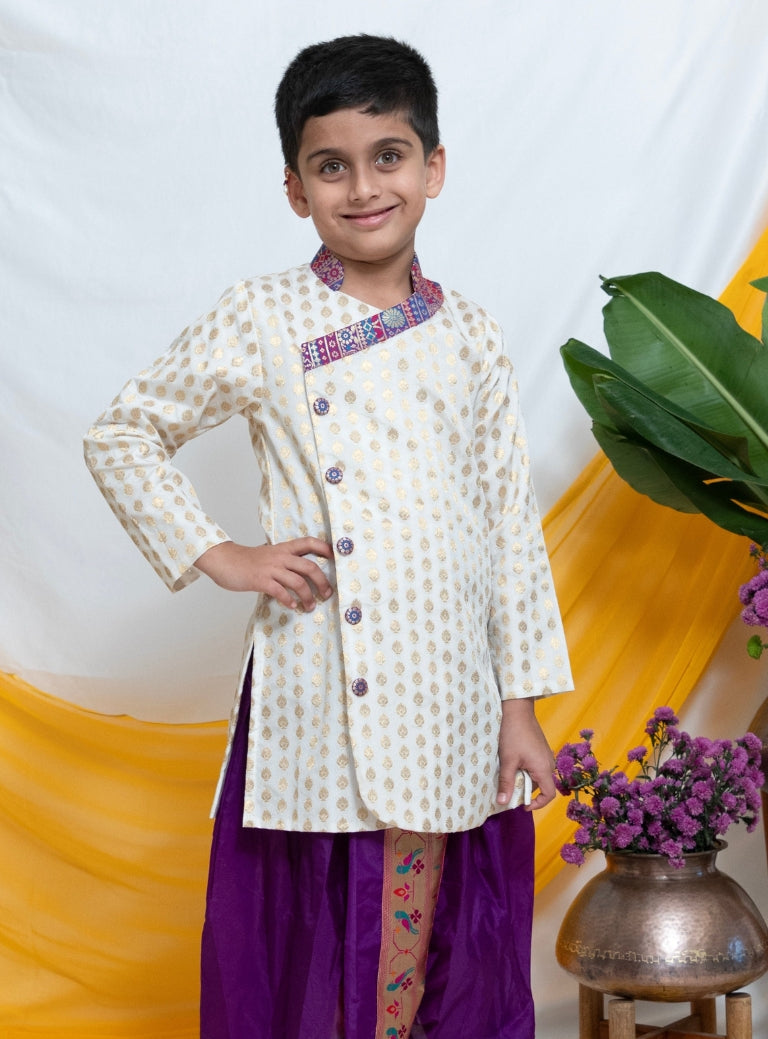 White Chanderi Brocade Kurta With Banarasi Fabric Ascent