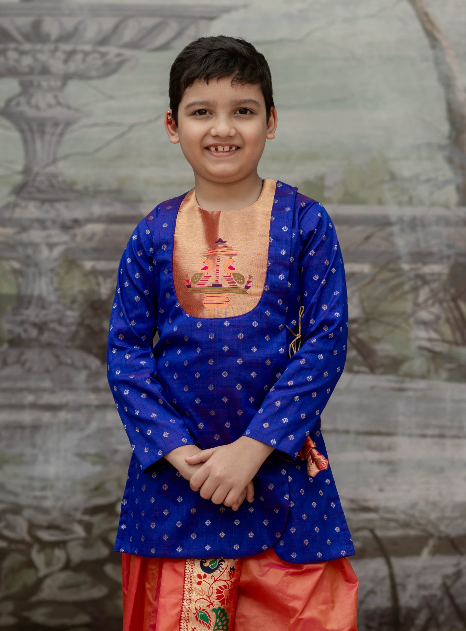 Royal Purple raw silk jari butta, Angarkha short kurta with Paithani yoke for Batu.Kurta is ideal for rituals like Matrubhojan,Muhurt during Munj/Upanayan/Vratabandha/Thread Ceremony.