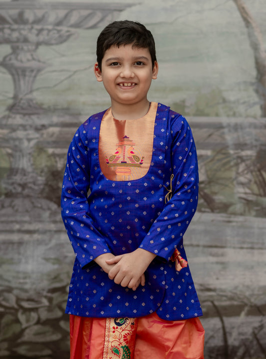 Royal Purple raw silk jari butta, Angarkha short kurta with Paithani yoke for Batu.Kurta is ideal for rituals like Matrubhojan,Muhurt during Munj/Upanayan/Vratabandha/Thread Ceremony.