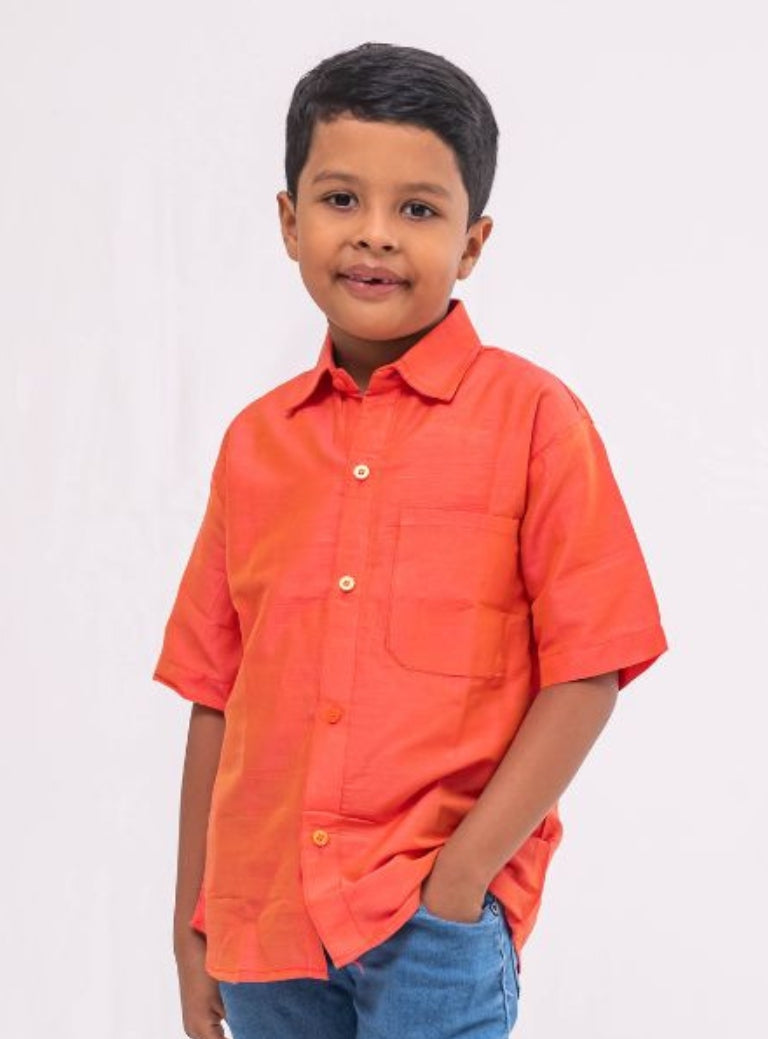 Coral Orange Plain Slub Cotton Silk Half-Sleeved Shirt