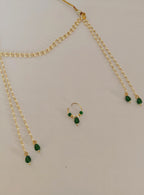 Pearls with Green glass beads Mundavali and bhikbali combo for batu/groom.Mundavalya,kanthi,bhikbali,topi,pagdi are boys accessories exclusively designed using Pearls,glass beads,jadau & gold plated findings for Batu,for Upanayan/Vratabandha/munj /thread ceremony.