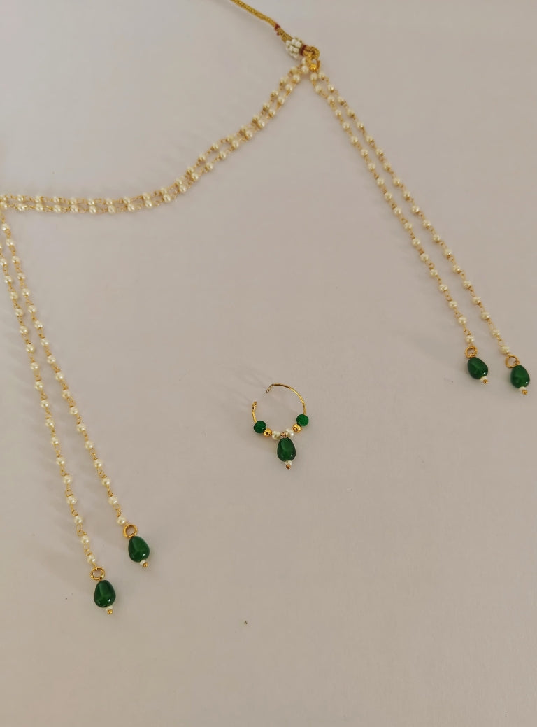 Pearls with Green glass beads Mundavali and bhikbali combo for batu/groom.Mundavalya,kanthi,bhikbali,topi,pagdi are boys accessories exclusively designed using Pearls,glass beads,jadau & gold plated findings for Batu,for Upanayan/Vratabandha/munj /thread ceremony.