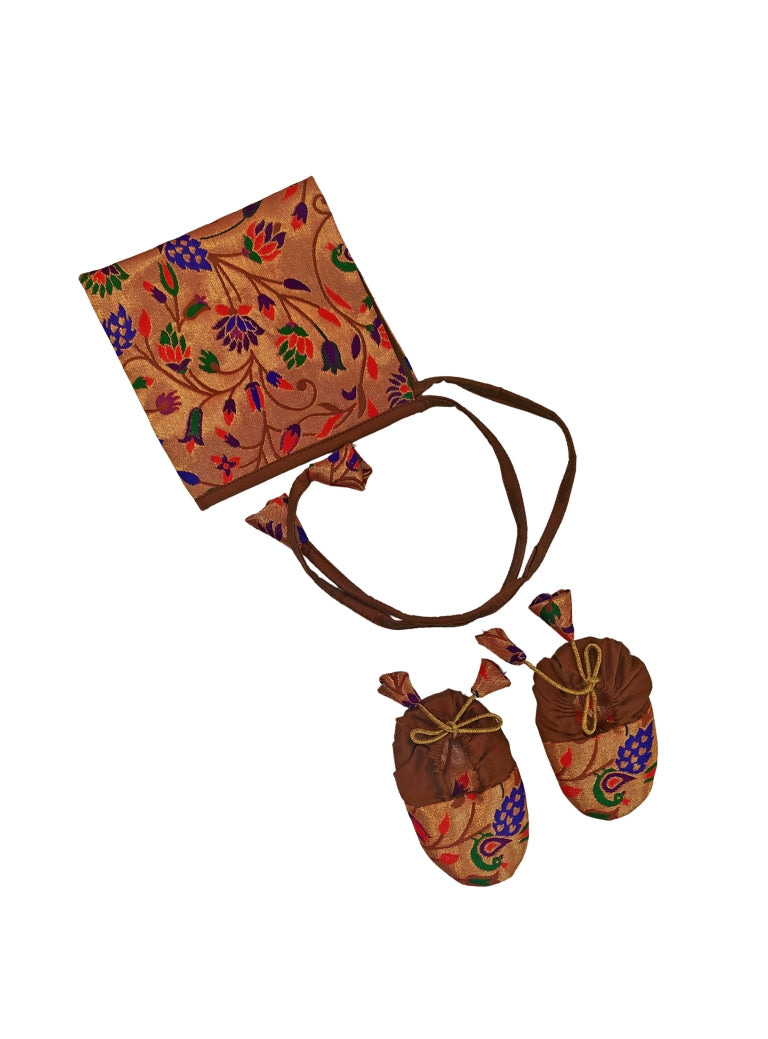 Premium quality Paithani brocade Naming Ceremony Essentials Combo for Baby Boy.Golden brocade bonnet,paithani booties,fabric headbands all these Handcrafted accessories for Newborn are perfect add ons to any traditional attire of the baby.Designer baby mats,set of generic bloomers are other naming ceremony essentials.