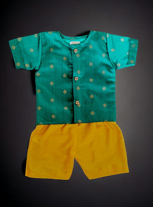 Emerald green and yellow raw silk Baba suit for newborn Baby Boy ideal for naming ceremony. It's the perfect outfit for your baby's naming ceremony,naamkaran,annaprashan ceremony.Traditional dress for Noolukettu Ceremony,Pachavi Puja,cradle ceremony,Rice Ceremony,Chatti Puja etc. Apt gifting idea