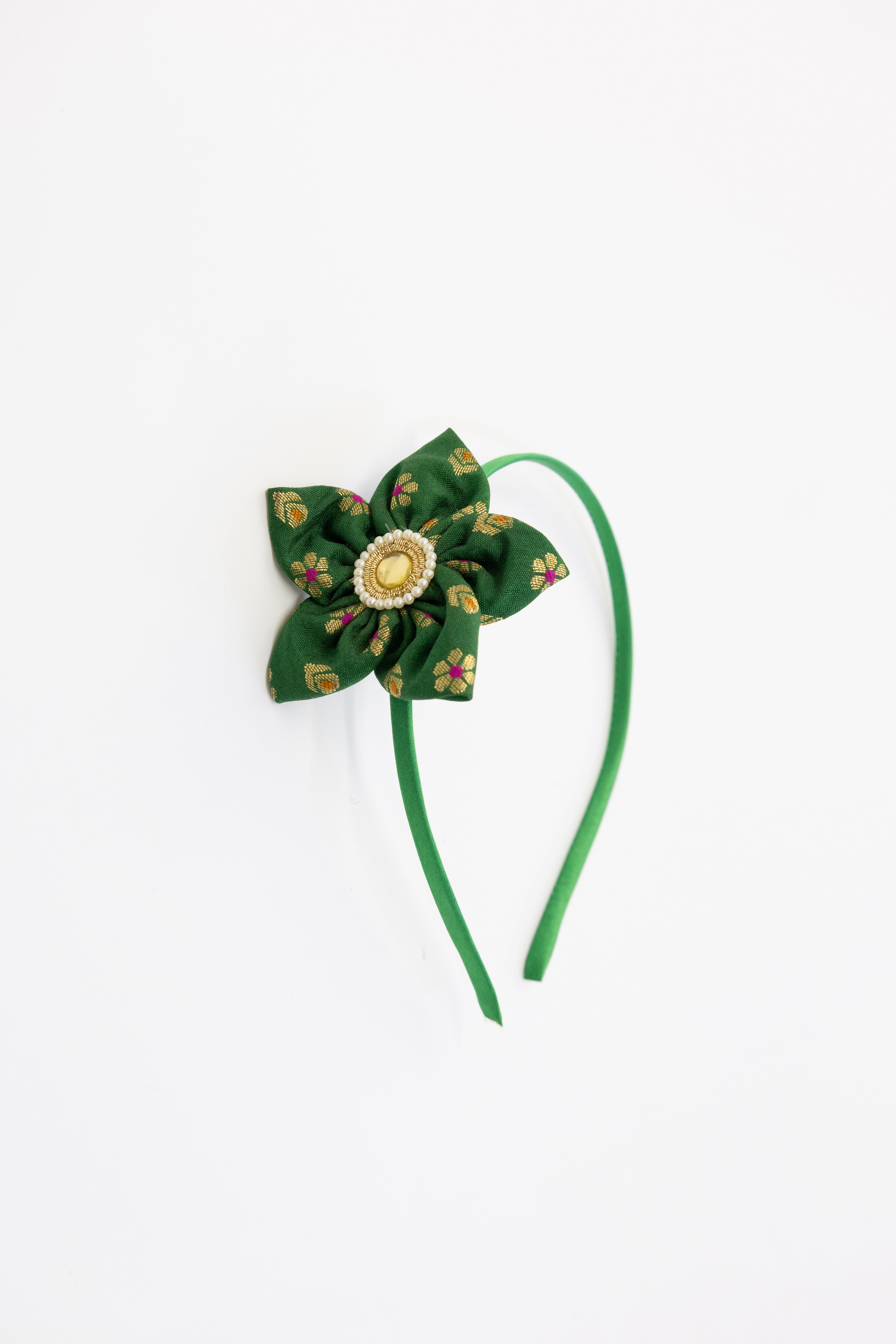Green brocade handcrafted fabric sadafuli flower hairband for Girls
