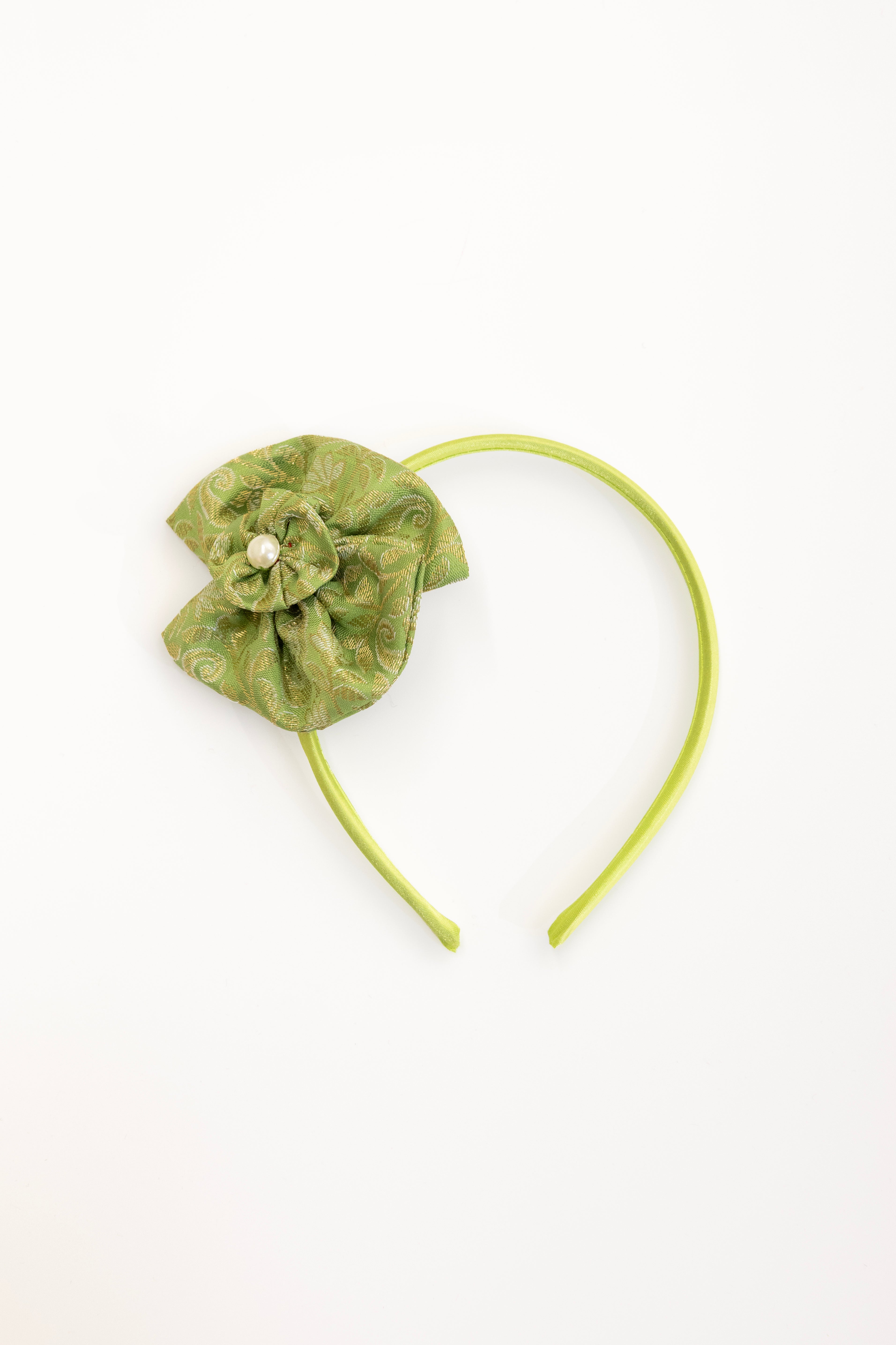 Pista colored  brocade silk Round shaped flower hairband for Girls