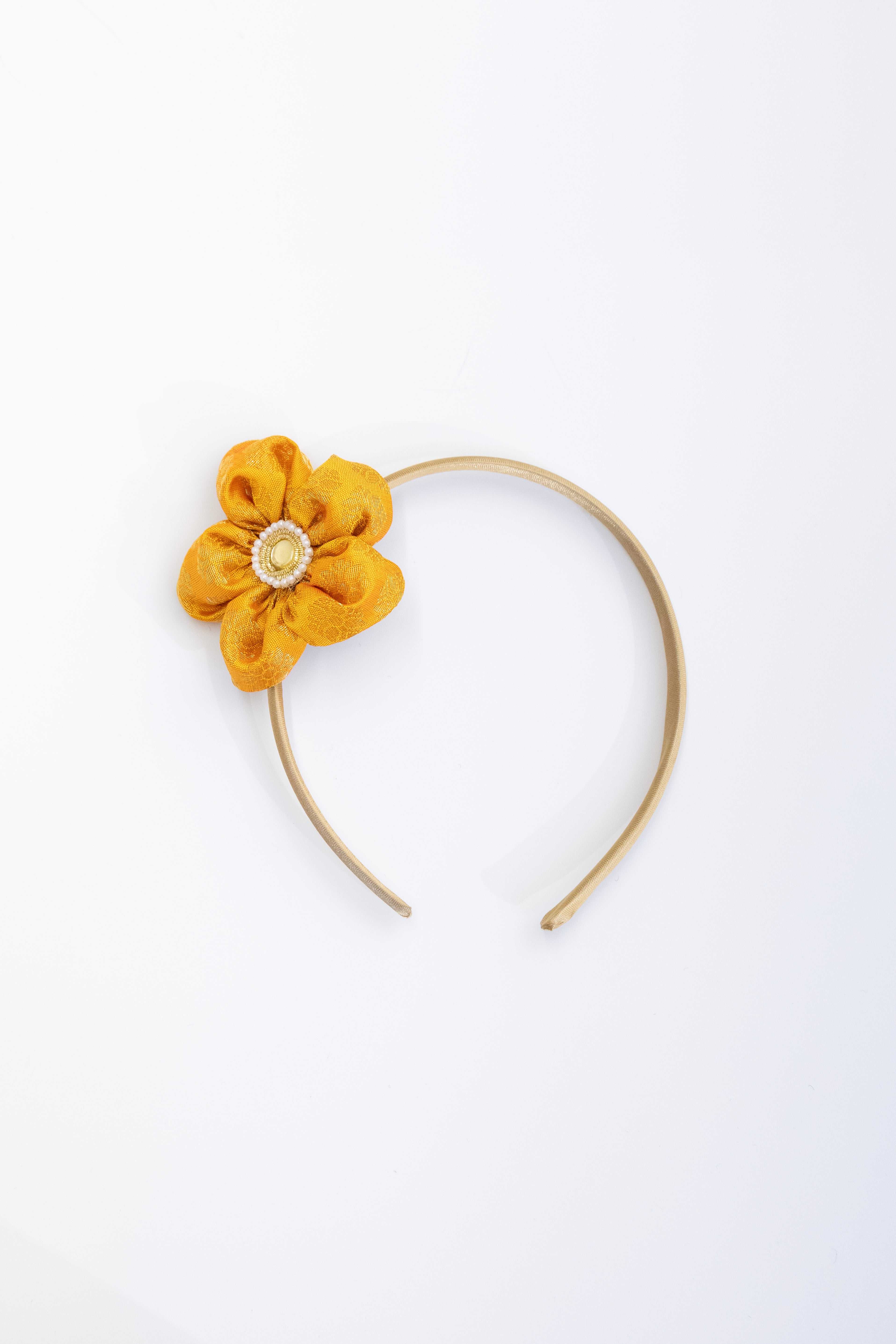 Mango yellow brocade silk shevanti shaped flower hairband for Girls