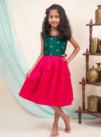 Sequined bottle green satin raw silk with Dark pink Raw silk Frock for Girls
