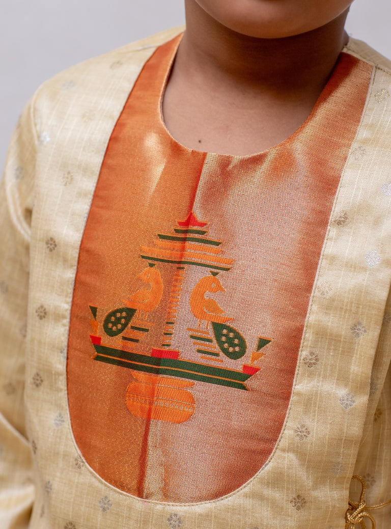 Beige raw silk jari butta, Angarkha short kurta with Paithani yoke for Batu