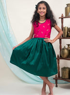 Sequined Dark pink satin raw silk with bottle green Raw silk Frock for Girls