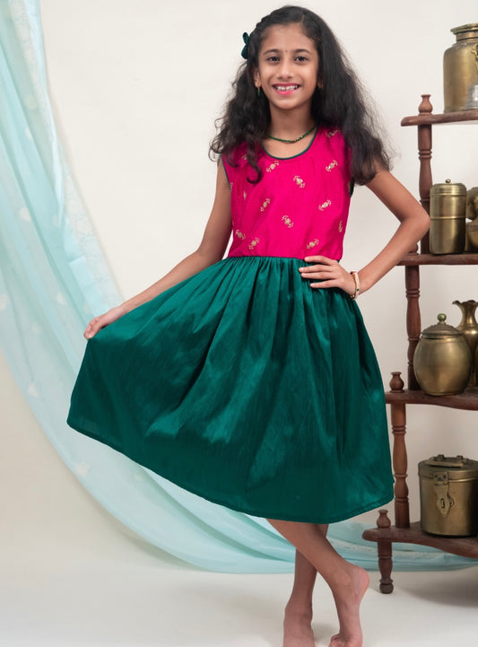 Sequined Dark pink satin raw silk with bottle green Raw silk Frock for Girls