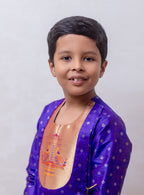 Royal Purple raw silk jari butta, Angarkha short kurta with Paithani yoke for Batu
