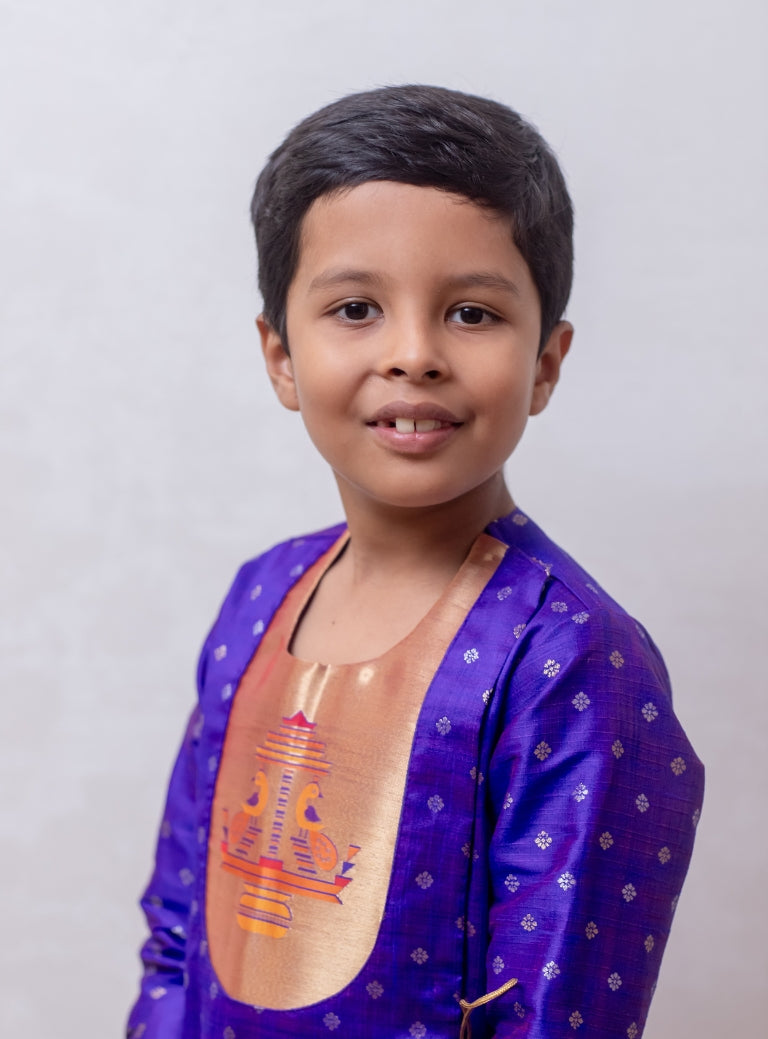 Royal Purple raw silk jari butta, Angarkha short kurta with Paithani yoke for Batu