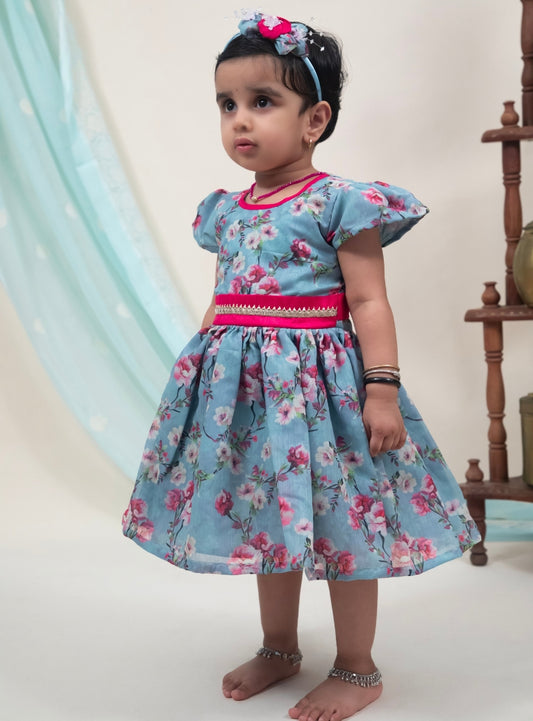Grey Floral Chanderi Flared Dress With a dainty lace pattern at waist for Girls