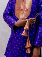 Royal Purple raw silk jari butta, Angarkha short kurta with Paithani yoke for Batu