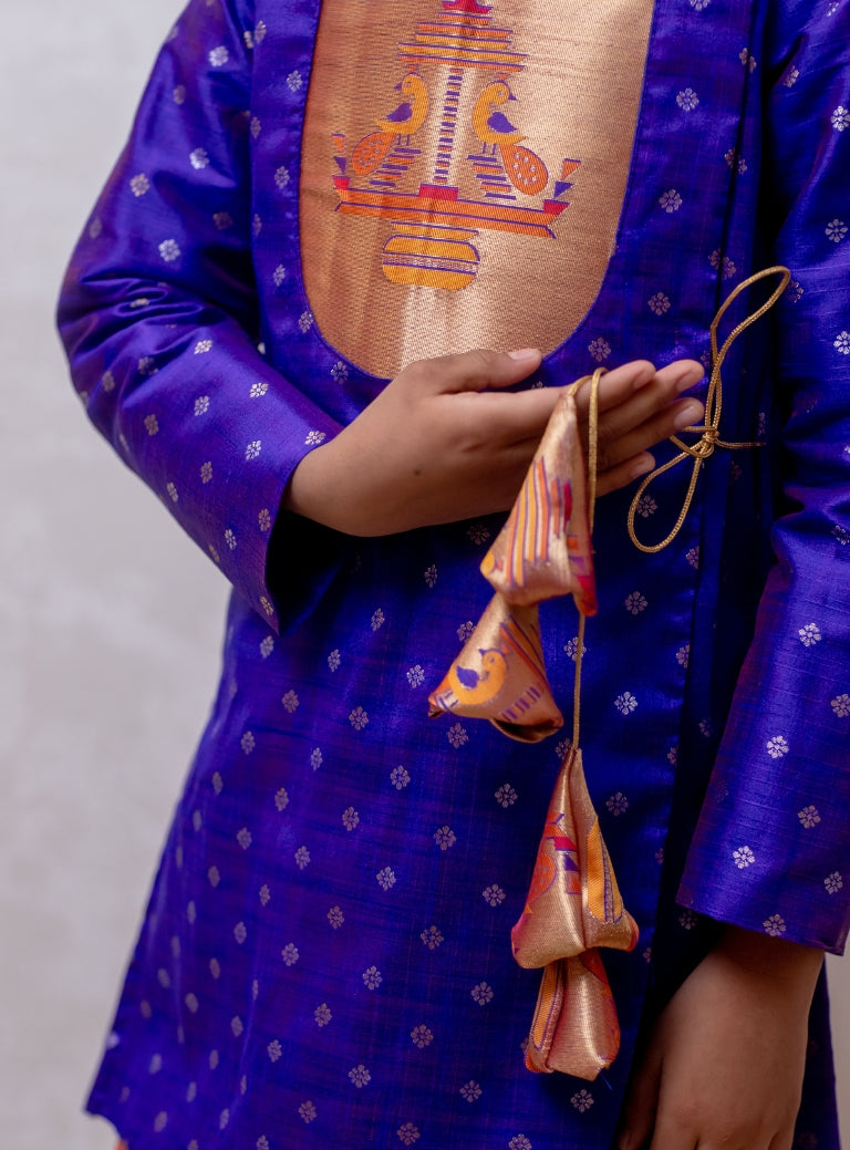 Royal Purple raw silk jari butta, Angarkha short kurta with Paithani yoke for Batu