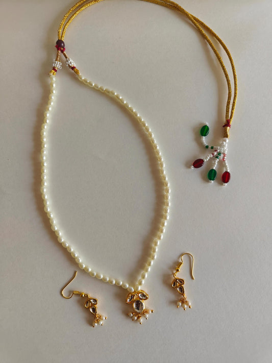 Mukta Set - Pearl chain necklace with Kundan pendant stringed pearls necklace with leaf shaped kundan studded pendant and matching earrings for Girls.