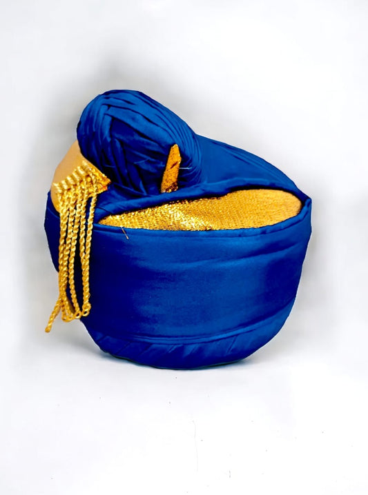 Plain Puneri Pagadi for Batu - Royal Blue Mundavalya,kanthi,bhikbali,topi,pagdi are boys accessories exclusively designed using Pearls,glass beads,jadau & gold plated findings for Batu,for Upanayan/Vratabandha/munj /thread ceremony.