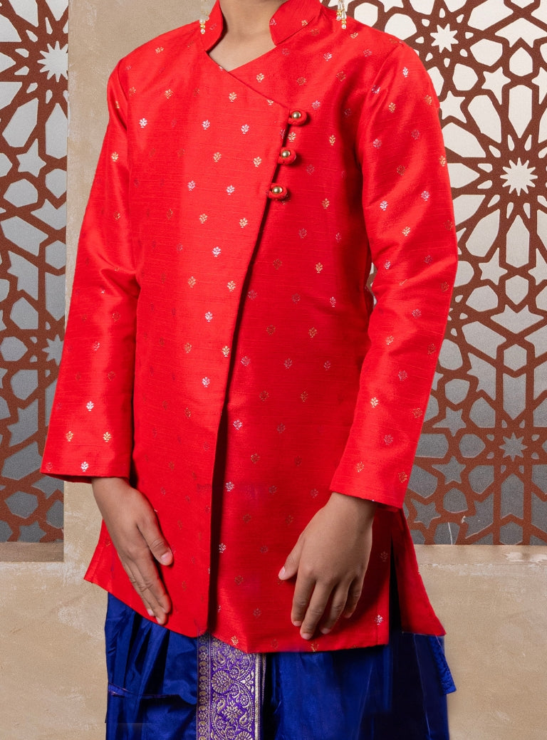 Bright Red Raw Silk Short Kurta With Overlap Pattern