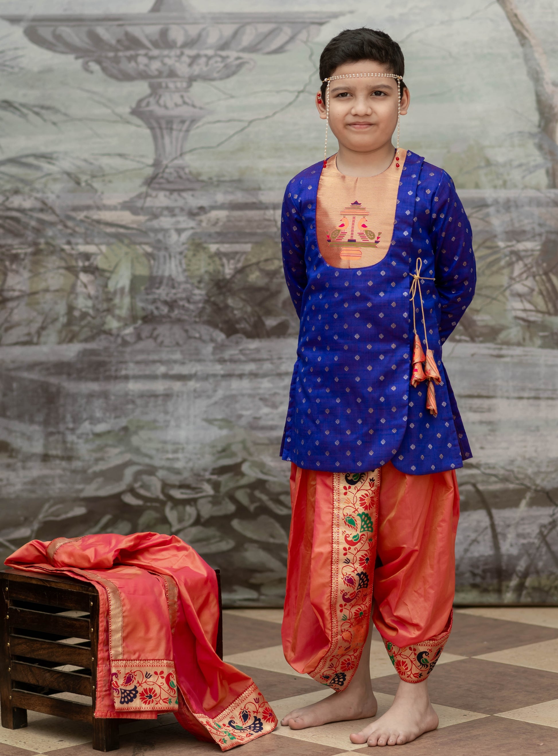 Royal Purple raw silk jari butta, Angarkha short kurta with Paithani yoke for Batu.Kurta is ideal for rituals like Matrubhojan,Muhurt during Munj/Upanayan/Vratabandha/Thread Ceremony.