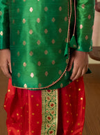 Green Raw Silk Angarakha Kurta With Gota Patti