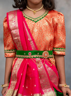 Leaf green soft raw silk ghagra with orange banaras brocade choli and Rani pink coloured chanderi silk dupatta for Brahmavadini