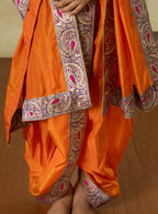 Saffron Silk Sovale Uparane Set With Purple Paisley Banarasi Border