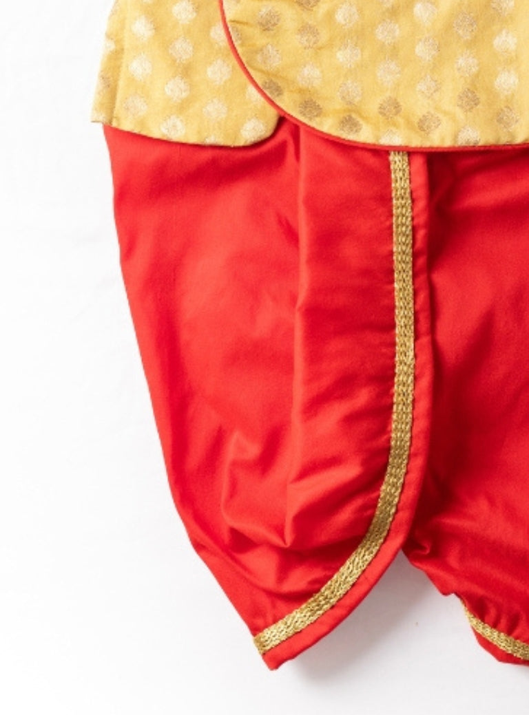 Mohak Baby Boy Golden Brocade Silk Kurta & Red Dhoti Set