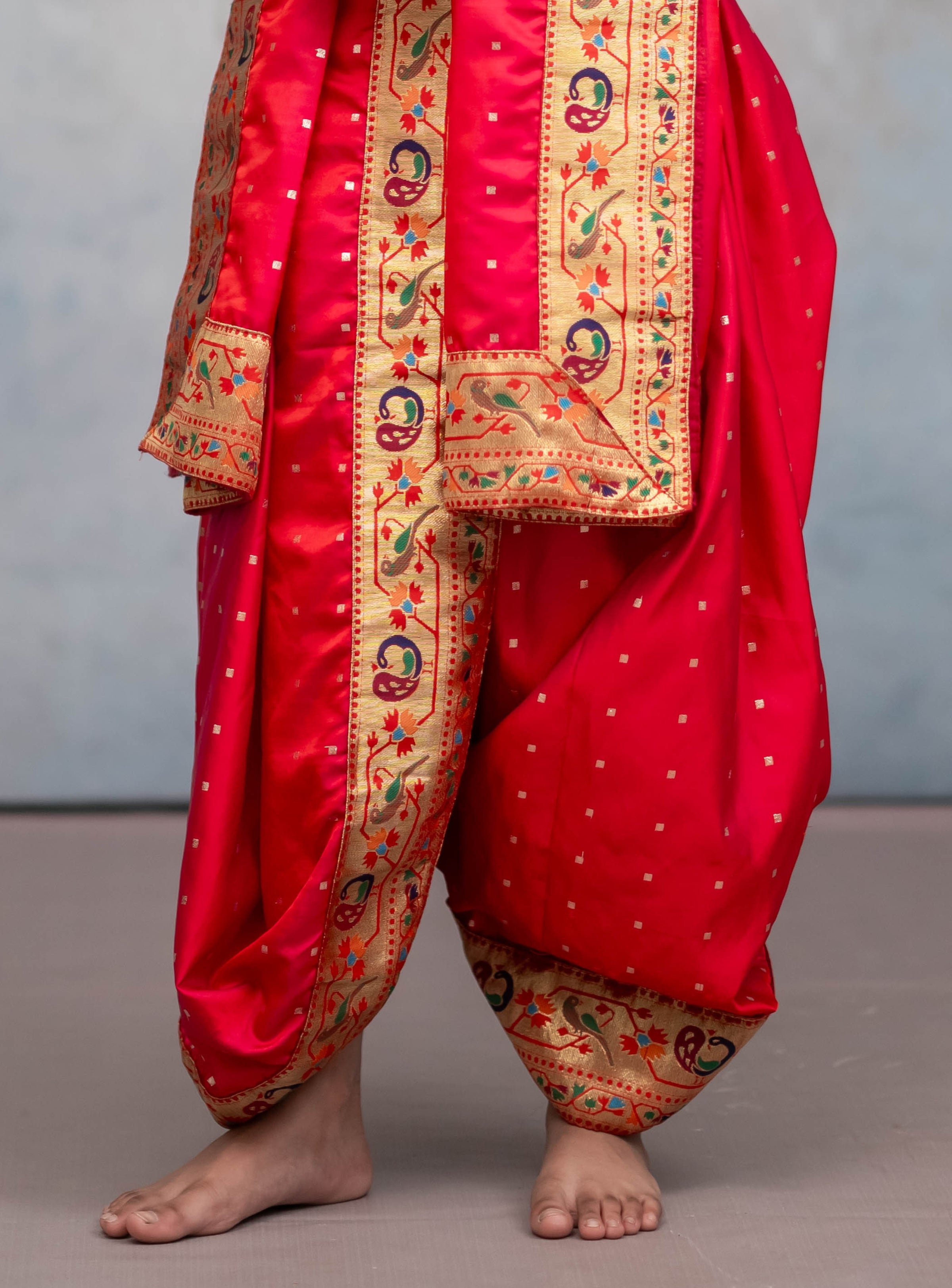 Scarlet red satin taffeta silk  sovale uparane set with intricate parrot peacock paithani border for batu.Pre-stitched sovale uparane set includes Ready to wear Sovale & Uparane/Upavastra.Can be paired with a short kurta.This Set is ideal for rituals like Matrubhojan,Muhurt during Munj/Upanayan/Vratabandha/Thread Ceremony.