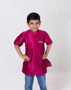 Magenta Dupion Silk Half Sleeves Short Kurta With Pocket
