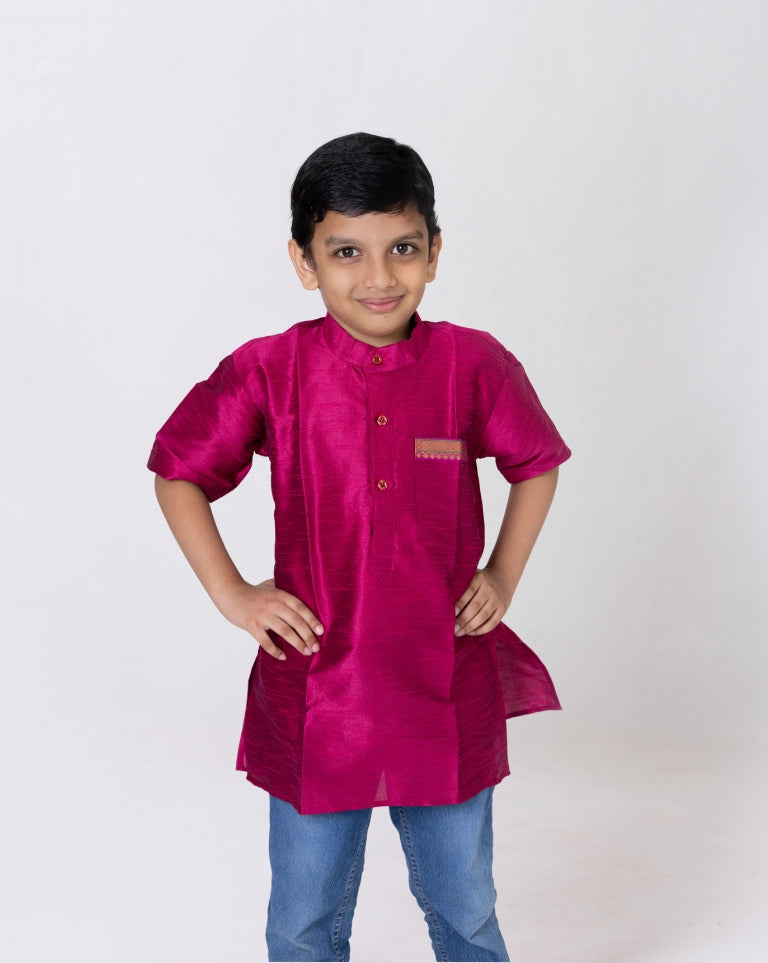 Magenta Dupion silk stand collar half sleeves short kurta with paithani lace detailing on pocket for Boys
