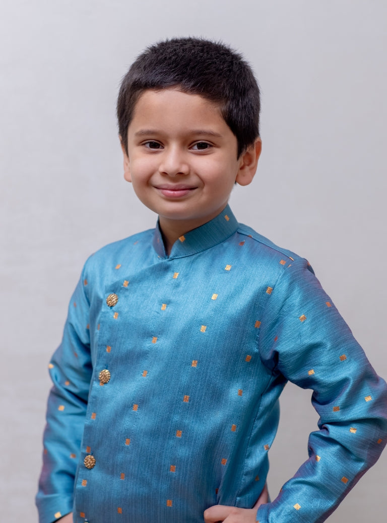 Steel Blue Mulberry Silk Kurta & Golden Salwar