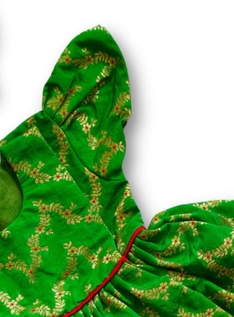 Shubha Green Brocade Silk Baby Girl Dress with Headband