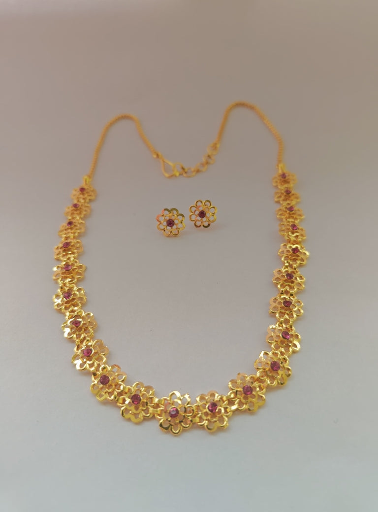 Bakul Haar Pink stone studded set for Girls.
Gold plated brass necklace with matching earrings in micro finish.Adorn your princess with head to toe premium quality handcrafted accessories made from allergy free, best quality materials.