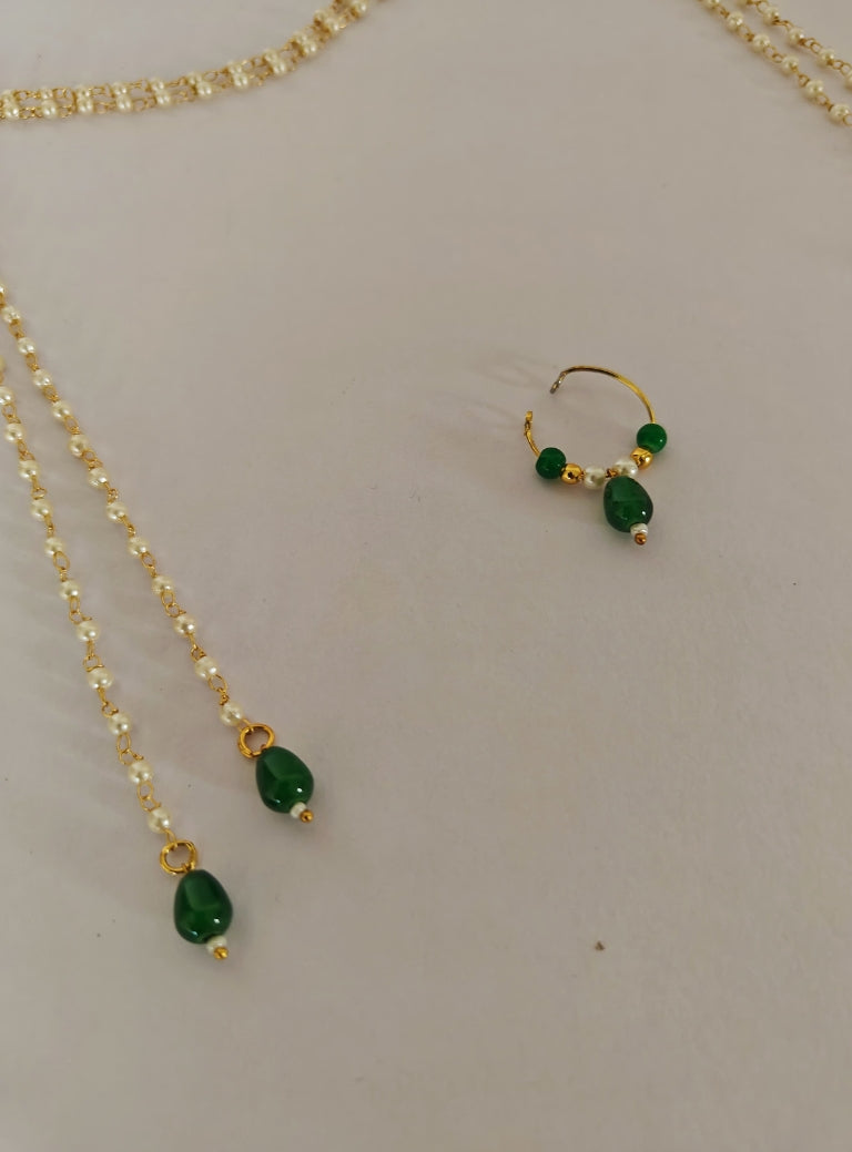 Pearls with Green glass beads Mundavali and bhikbali combo for batu/groom.Mundavalya,kanthi,bhikbali,topi,pagdi are boys accessories exclusively designed using Pearls,glass beads,jadau & gold plated findings for Batu,for Upanayan/Vratabandha/munj /thread ceremony.