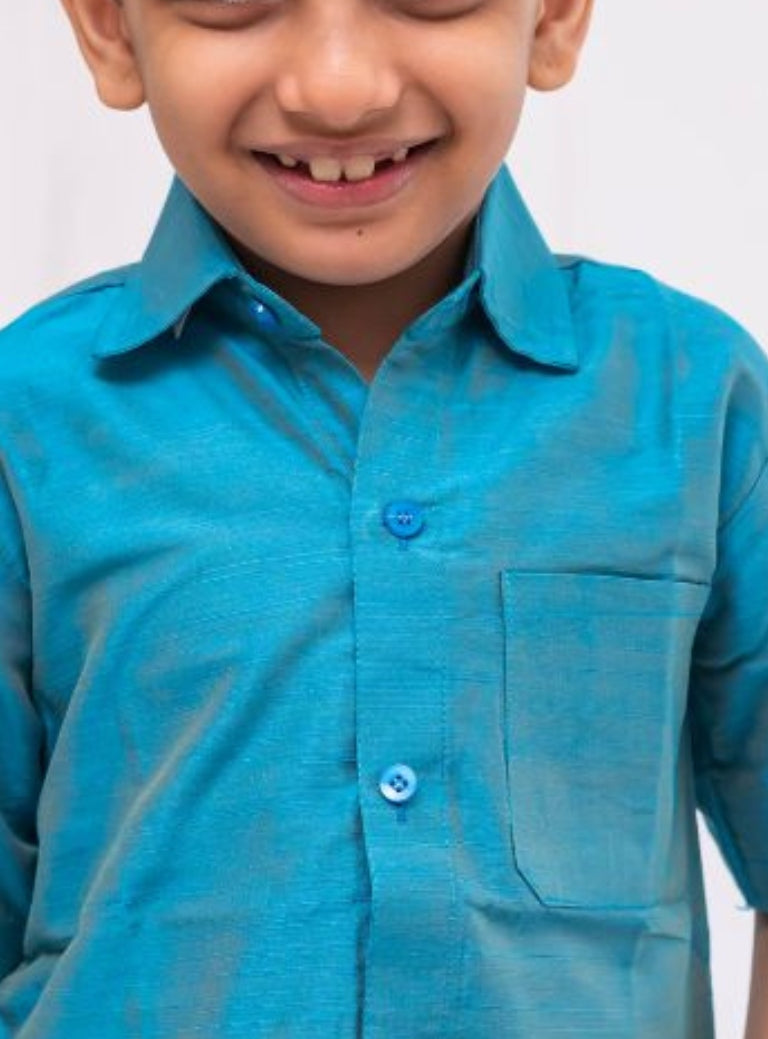 Teal Blue Plain Slub Cotton silk half sleeved shirt for Boys