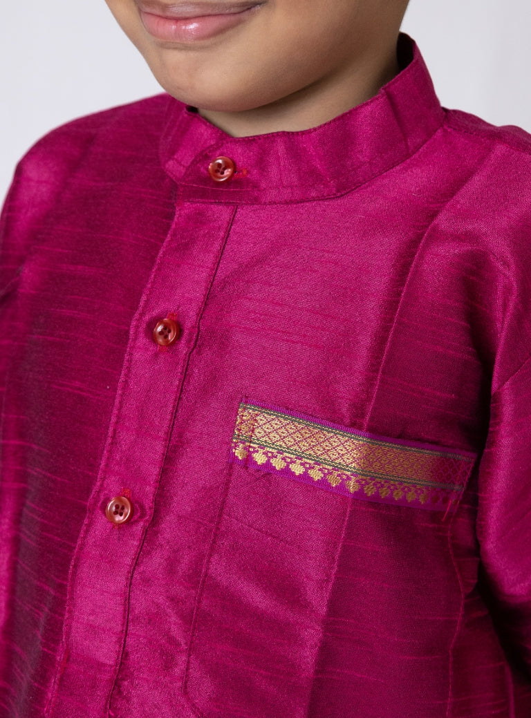 Magenta Dupion Silk Half Sleeves Short Kurta With Pocket