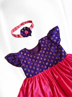 Purple  brocade with hot pink silk front open newborn baby girl frock for naming ceremony with bonnet,bloomer & booties.It's the perfect outfit for your naamkaran or annaprashan ceremony.Traditional dress for Noolukettu Ceremony,Pachavi Puja,cradle ceremony,Rice Ceremony,Chatti Puja etc.Apt gifting idea 