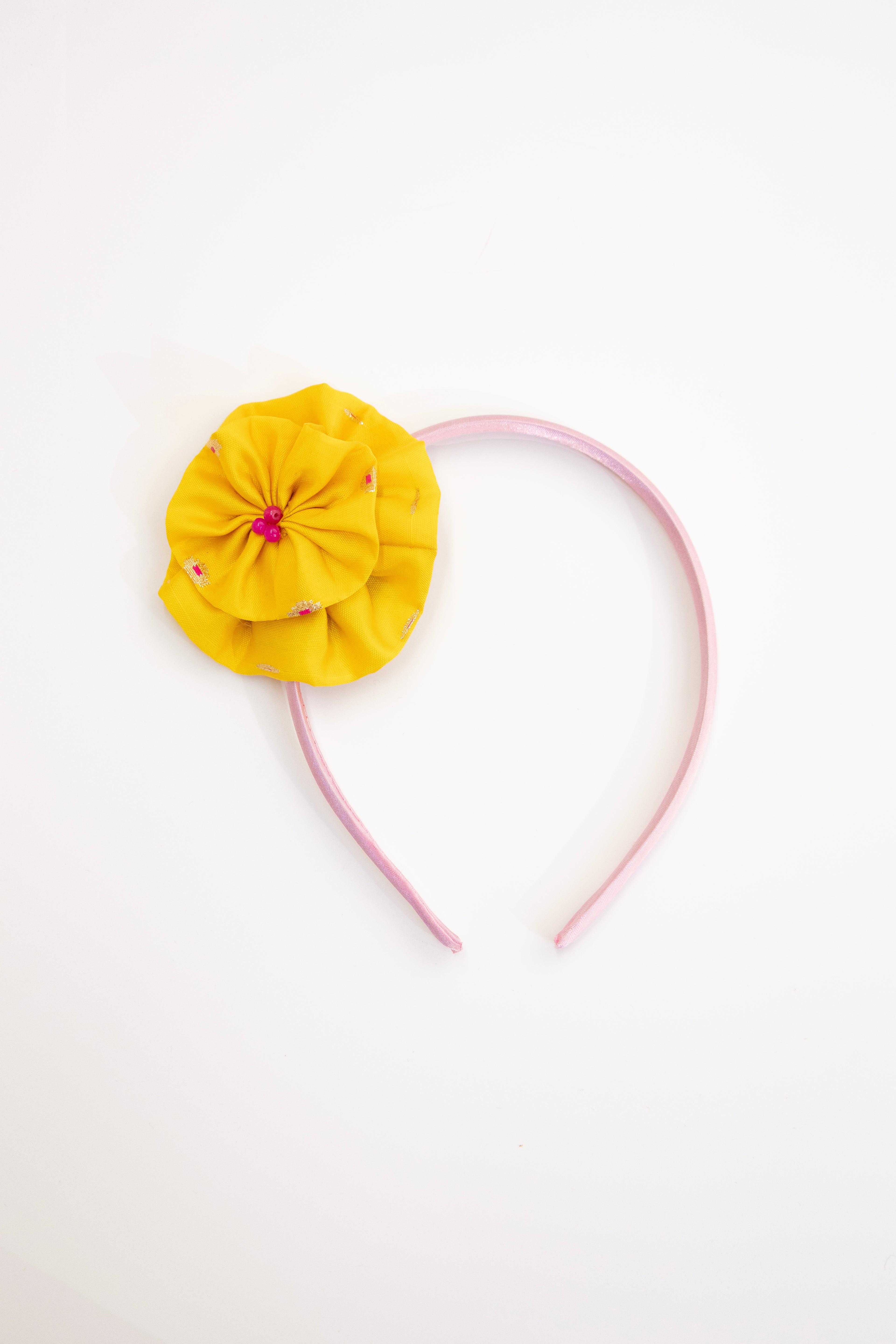Royal Yellow brocade silk Round shaped flower hairband for Girls