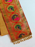 Peacock Paithani Shela for Sherwani with Pearl Danglers at both ends. 2 meters long and 5 inches wide shela can be teamed with any sherwani or kurta to add that Royal Charm to your Prince's attire.This Shela is ideal for rituals like Matrubhojan,Muhurt during Munj/Upanayan/Vratabandha/Thread Ceremony.