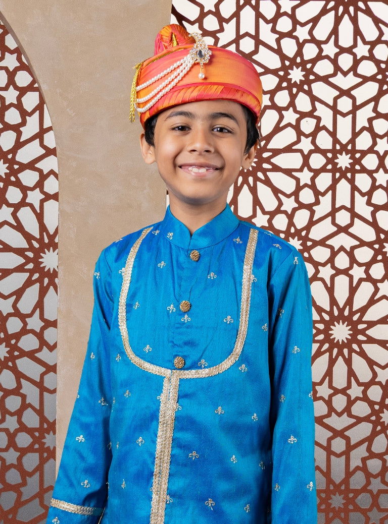Teal Blue Raw Silk Yoke Kurta With Zari Embroidery For Batu