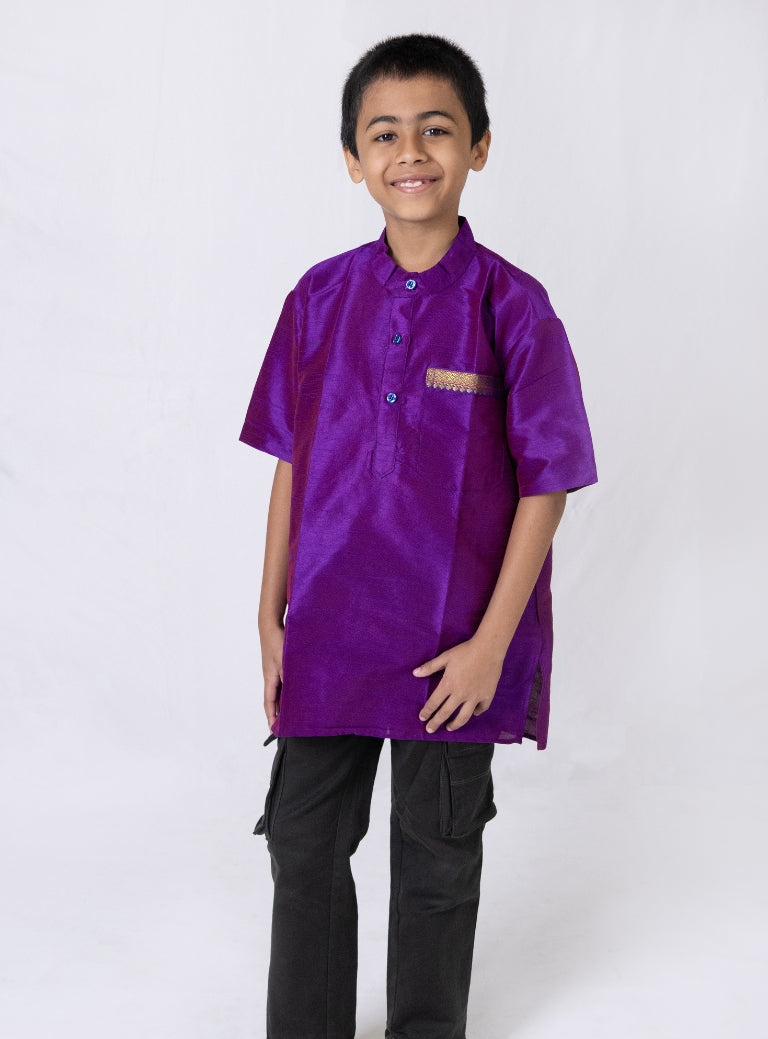 Purple Dupion Silk Half Sleeves Short Kurta With Pocket