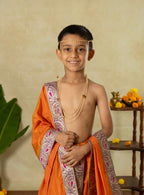 Saffron Silk Sovale Uparane Set With Purple Paisley Banarasi Border