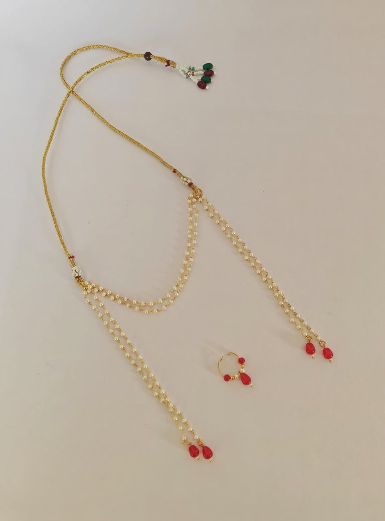Pearls with Red glass beads Mundavali and bhikbali combo for batu/groom.Mundavalya,kanthi,bhikbali,topi,pagdi are boys accessories exclusively designed using Pearls,glass beads,jadau & gold plated findings for Batu,for Upanayan/Vratabandha/munj /thread ceremony.